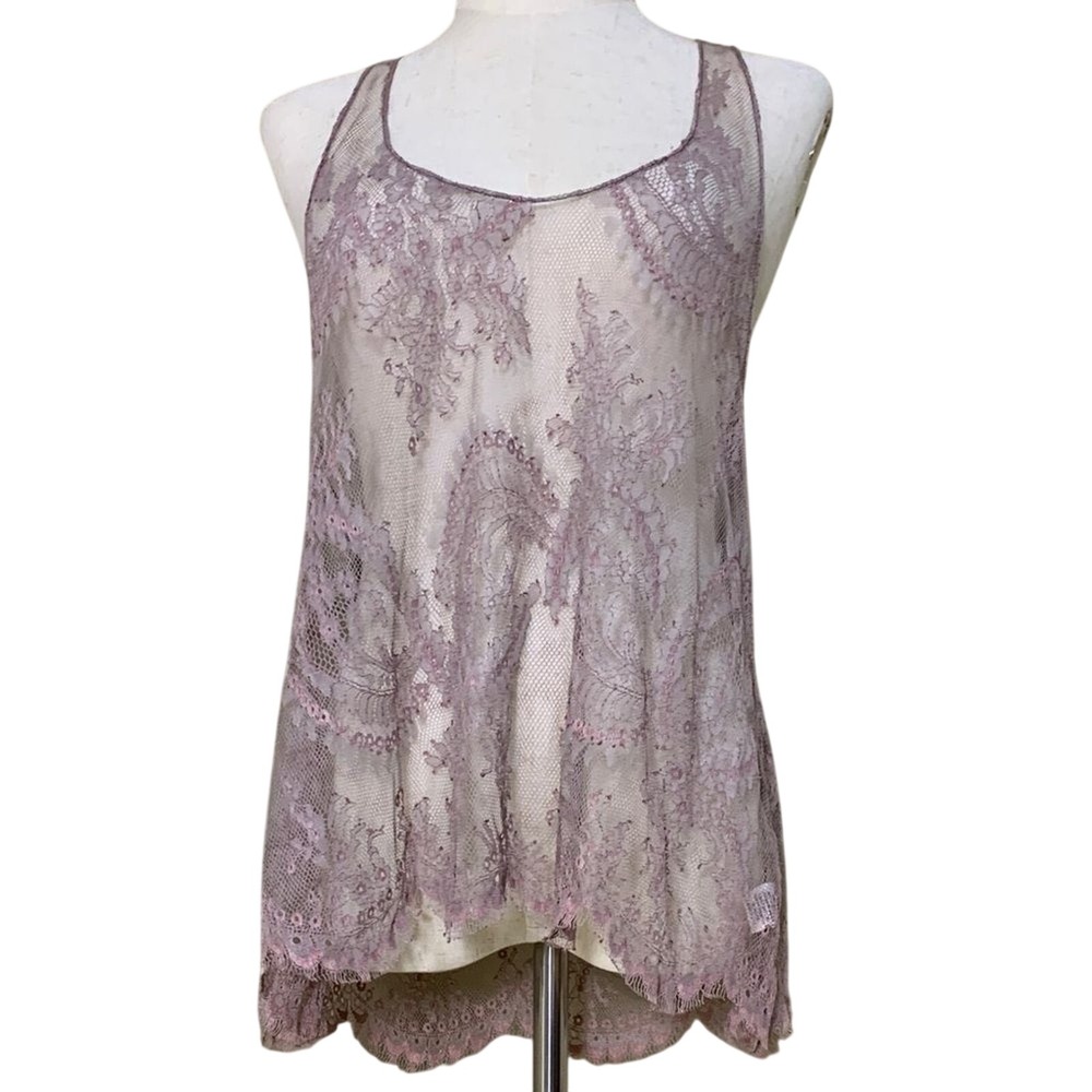 Vtg Bonnie Strauss Lace Tank Top Women XS Purple Sheer Racerback Scalloped Hem
